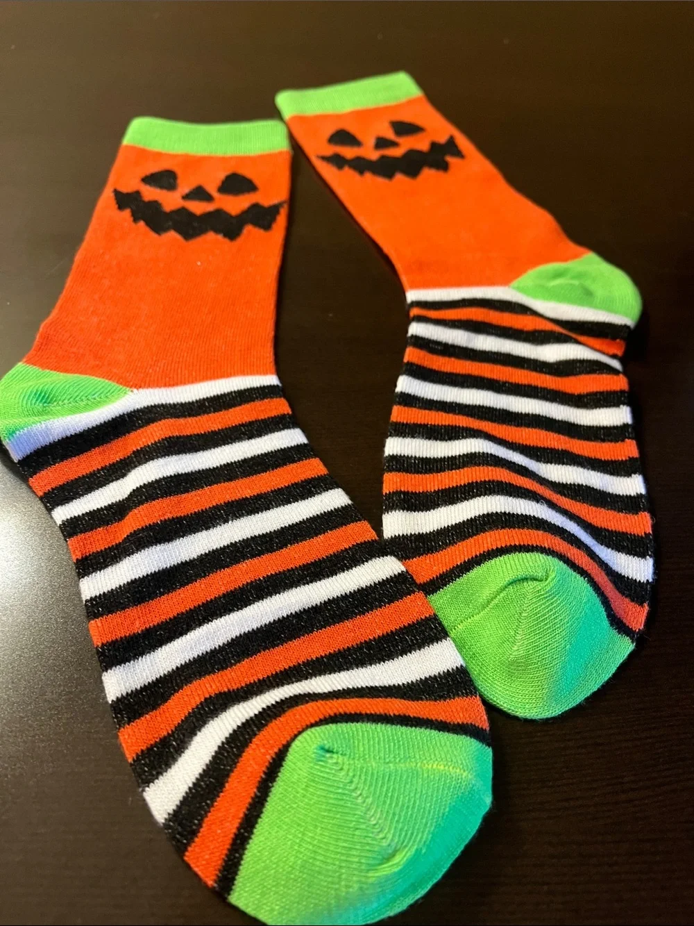 Men's Orange Halloween Pumpkin Crew Socks with Green Accents